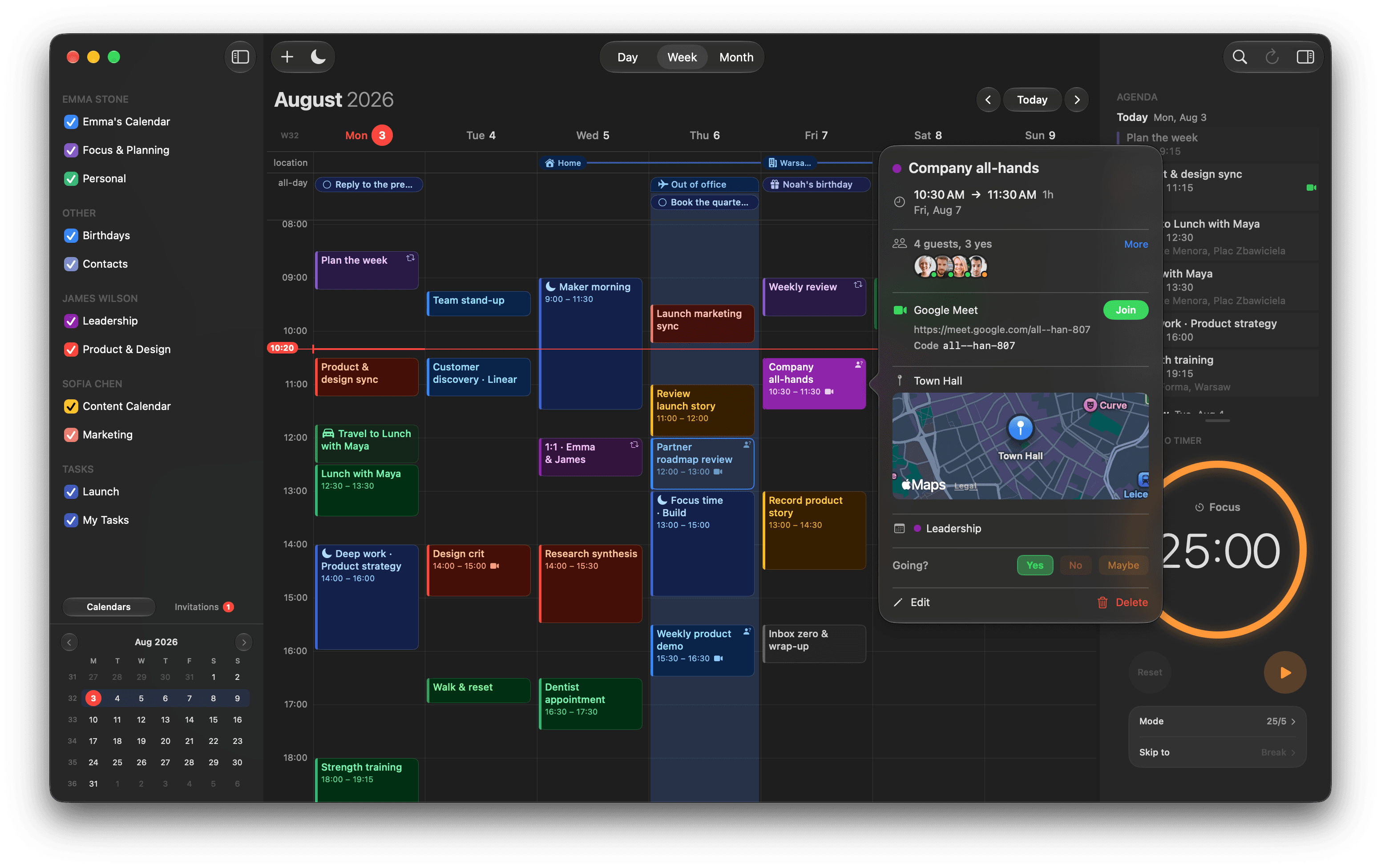 Hora dark week view with event details, a Google Meet link and a focus timer
